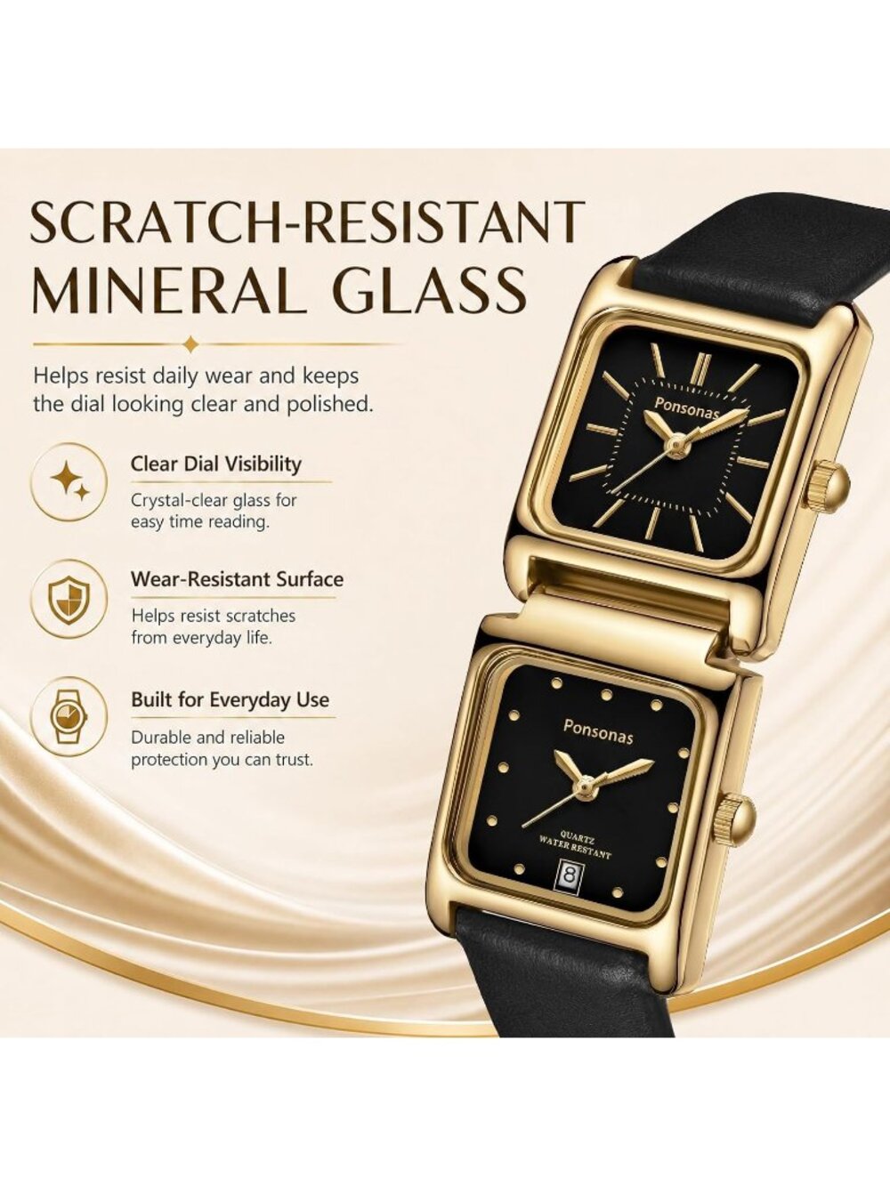 Women's All Black Leather Quartz Dual Square Dial Vintage Dress Wrist Watches - Picture 3 of 7